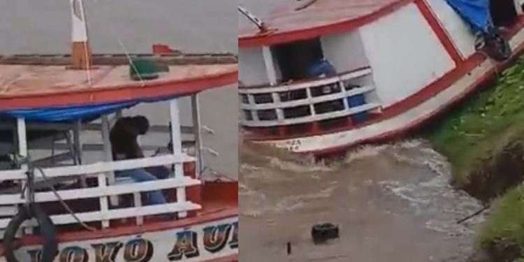 Vídeo mostra homem dormindo no leme e batendo barco em barranco em Itacoatiara: "Ele vai se bater"