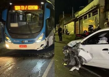 Colisão entre ônibus da linha 500 e carro deixa dois feridos