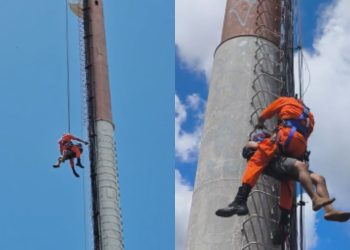Vídeo: Ladrazinho fica preso em torre de 40 metros após tentar furtar fios na Compensa