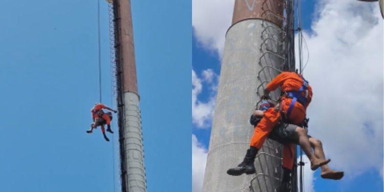 Vídeo: Ladrazinho fica preso em torre de 40 metros após tentar furtar fios na Compensa