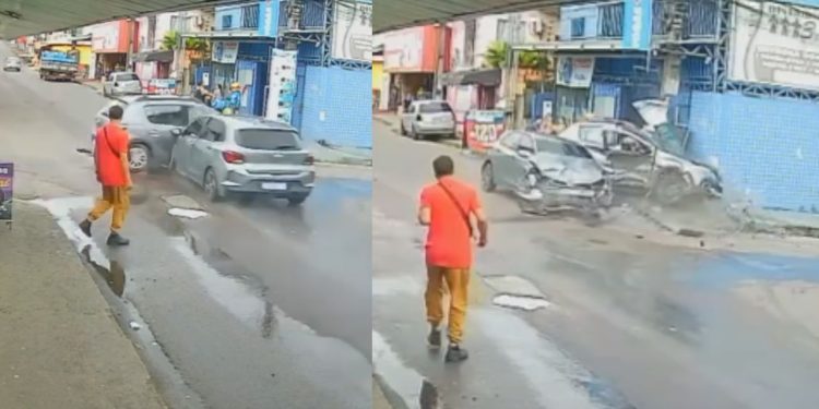 Em fuga, bandido causa acidente e deixa família ferida em Manaus; vídeo