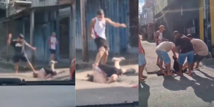 Vídeo mostra homem preso de ponta-cabeça em bueiro e levando 'bicudas' em Petrópolis