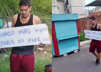 “Nunca mais vou roubar”: homem é obrigado a desfilar com placa humilhante no Viver Melhor; VÍDEO