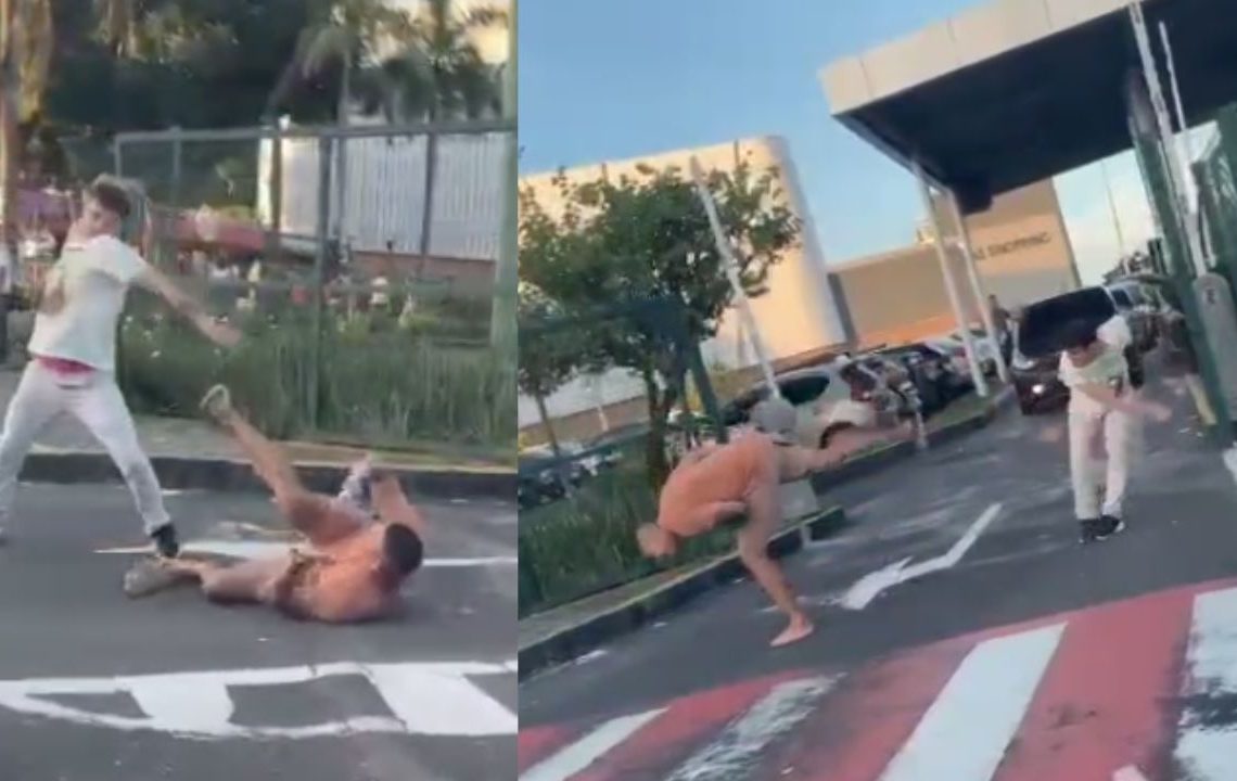 “Olha a pedrada": Vídeo mostra homens na 'porrad4' na frente de shopping em Manaus