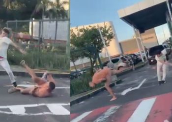 “Olha a pedrada": Vídeo mostra homens na 'porrad4' na frente de shopping em Manaus