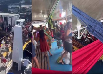 “Tá todo mundo doido”: vídeo mostra desespero de manauaras em atar rede rumo a Parintins