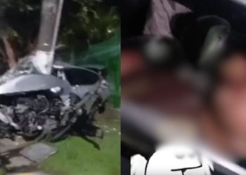 Vídeo: Na Ponta Negra, motorista ‘abraça o poste’ e fica preso às ferragens