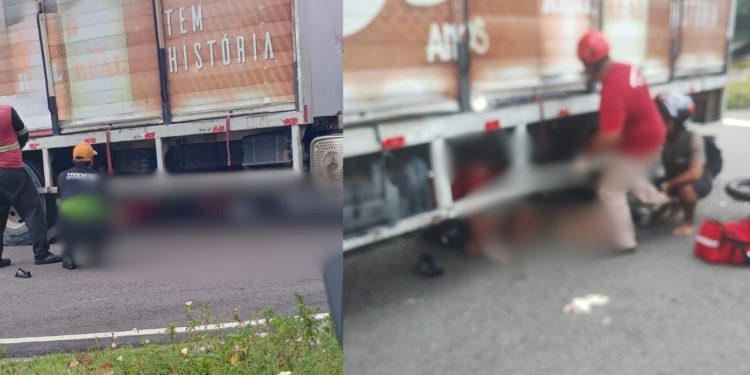 Motociclista fica em estado grave após parar debaixo de caminhão em acidente em Manaus