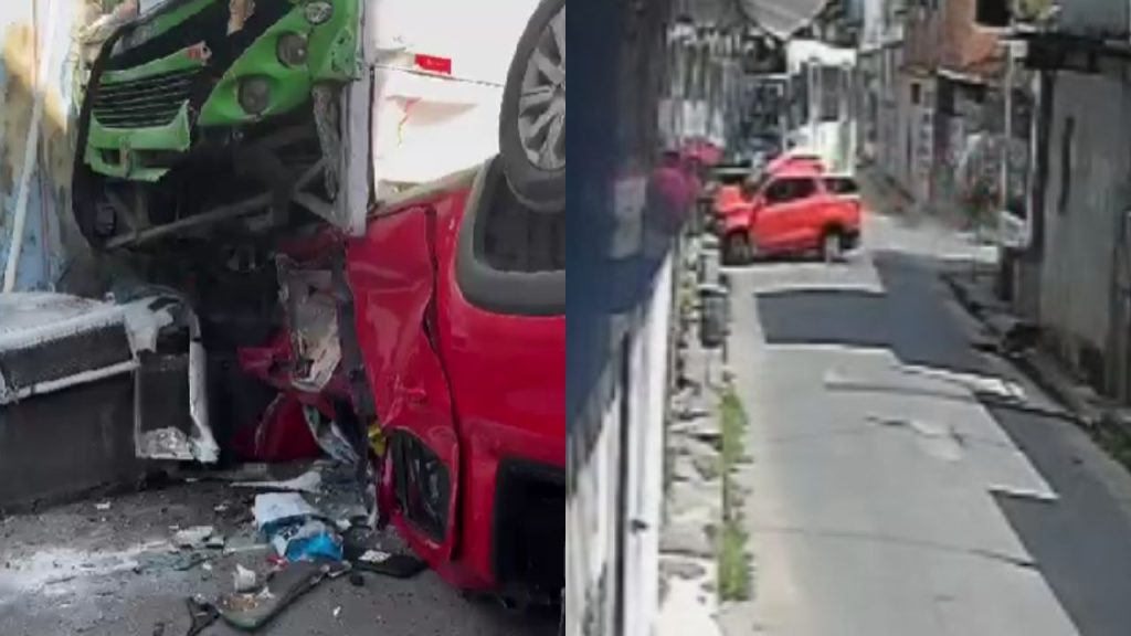 Colisão faz carro parar debaixo de ônibus no Lírio do Vale