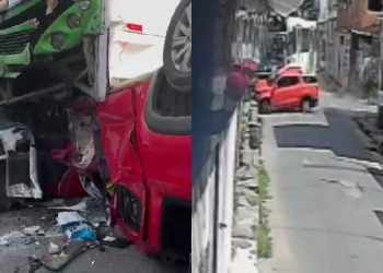 Colisão faz carro parar debaixo de ônibus no Lírio do Vale