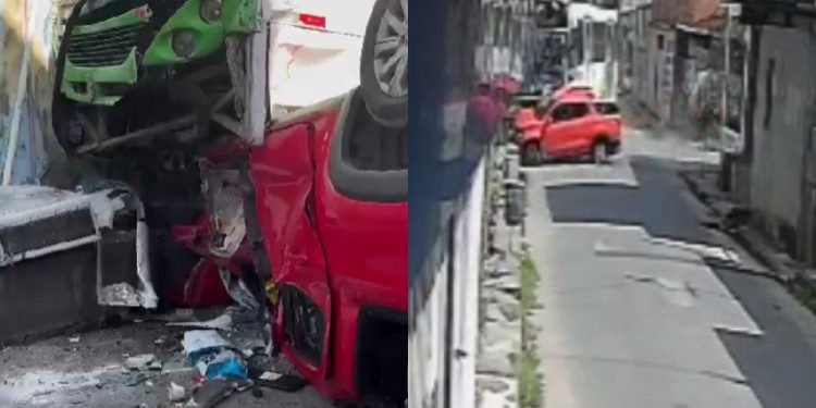 Colisão faz carro parar debaixo de ônibus no Lírio do Vale