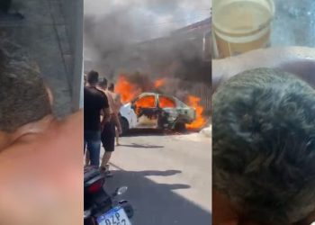 Eletricista fica com queimaduras após carro onde ele estava pegar fogo em Manaus