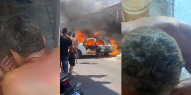 Eletricista fica com queimaduras após carro onde ele estava pegar fogo em Manaus