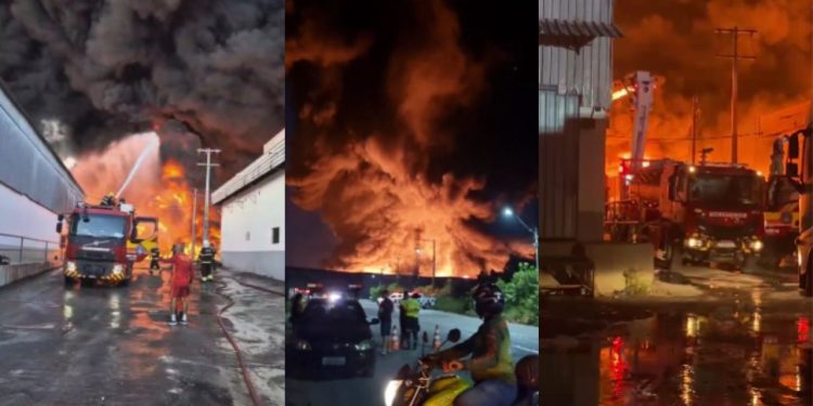 Incêndio no Distrito Industrial já dura mais de 12 horas e mobiliza quase 150 bombeiros