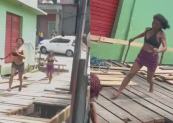 Veja momento que mulher levada facada nas costas durante briga em Tefé