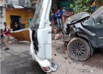 Caminhão descontrolado esmaga caminhonete S10 e invade comércio