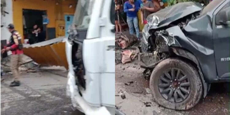 Caminhão descontrolado esmaga caminhonete S10 e invade comércio