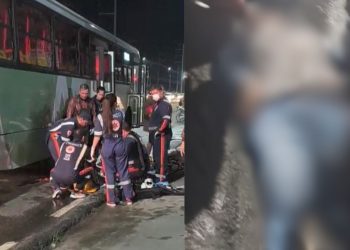Vídeo mostra mulher com a perna esmagada por ônibus após cair de moto em Manaus