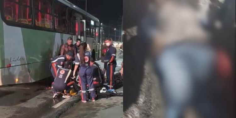Vídeo mostra mulher com a perna esmagada por ônibus após cair de moto em Manaus