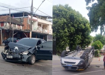 Avanço de sinal – Batida capota veículo e causa caos na zona Sul