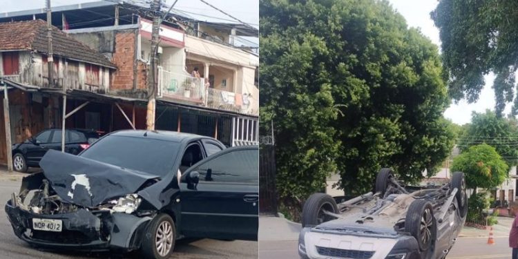 Avanço de sinal – Batida capota veículo e causa caos na zona Sul