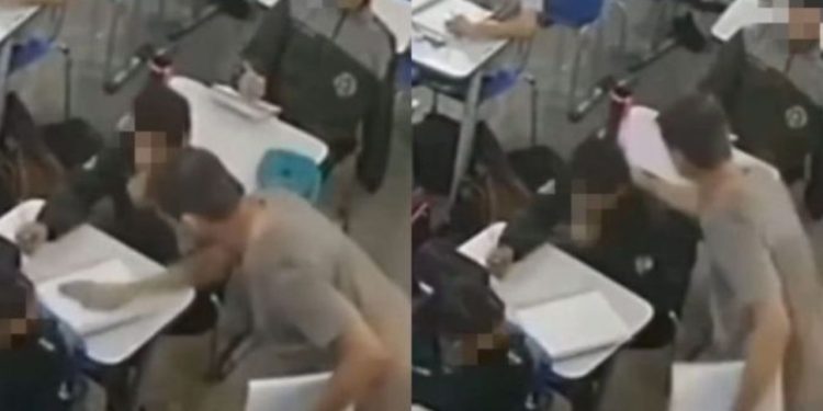 Vídeo mostra professor se estressando e dando vários tapas em aluno dentro de sala
