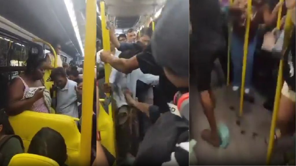 Vovozinha caga em ônibus e apanha após sair jogando nos passageiros: "Não bate nela"