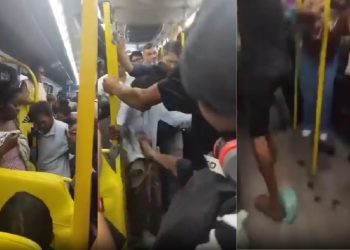 Vovozinha caga em ônibus e apanha após sair jogando nos passageiros: "Não bate nela"