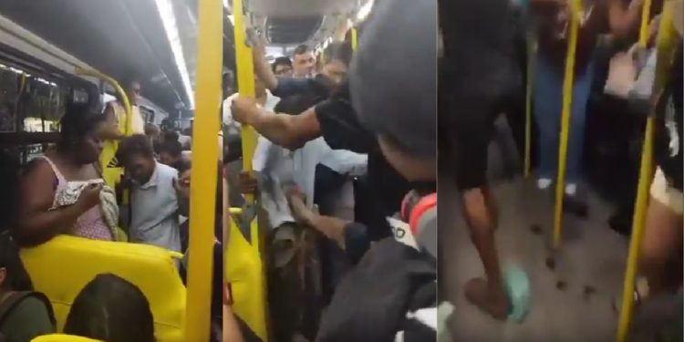 Vovozinha caga em ônibus e apanha após sair jogando nos passageiros: "Não bate nela"