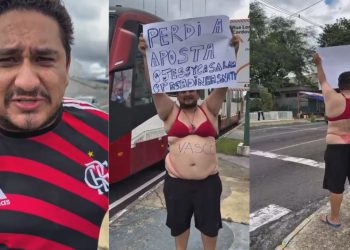 Vídeo: Flamenguista perde aposta e desfila de calcinha e sutiã na Constantino Nery