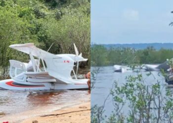 Vídeo: Avião de pequeno porte cai em praia após manobra próxima à Ponte Rio Negro