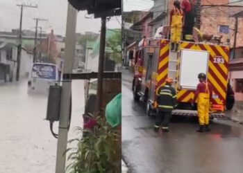 Vídeo: Chuva deixa micro-ônibus ‘ilhado’ em rua alagada de Manaus; bombeiros resgatam passageiros