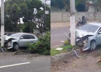 Bandidos são perseguidos pela polícia e batem em poste na Avenida André Araújo; PC ficou ferido