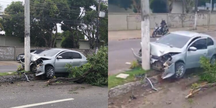 Bandidos são perseguidos pela polícia e batem em poste na Avenida André Araújo; PC ficou ferido