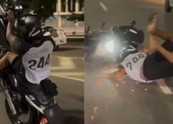 Vídeo mostra motoqueiro 'se lascando' após dar grau na pista