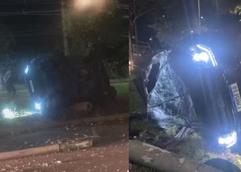 Carro perde controle, derruba poste e deixa três feridos na Avenida do Turismo