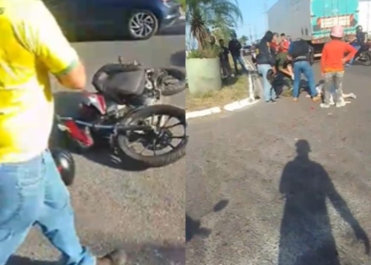 Colisão entre moto e carreta deixa dois feridos no Distrito Industrial