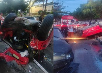 Em Manaus, carro atinge veículo parado em borracharia, capota e deixa condutor ferido