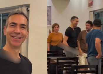 César Tralli e Renata Vasconcellos aparecem de surpresa em Itacoatiara e comem Tambaqui