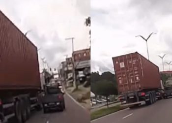 Vídeo: motorista de carreta joga veículo contra carro e quase atinge motociclista em Manaus