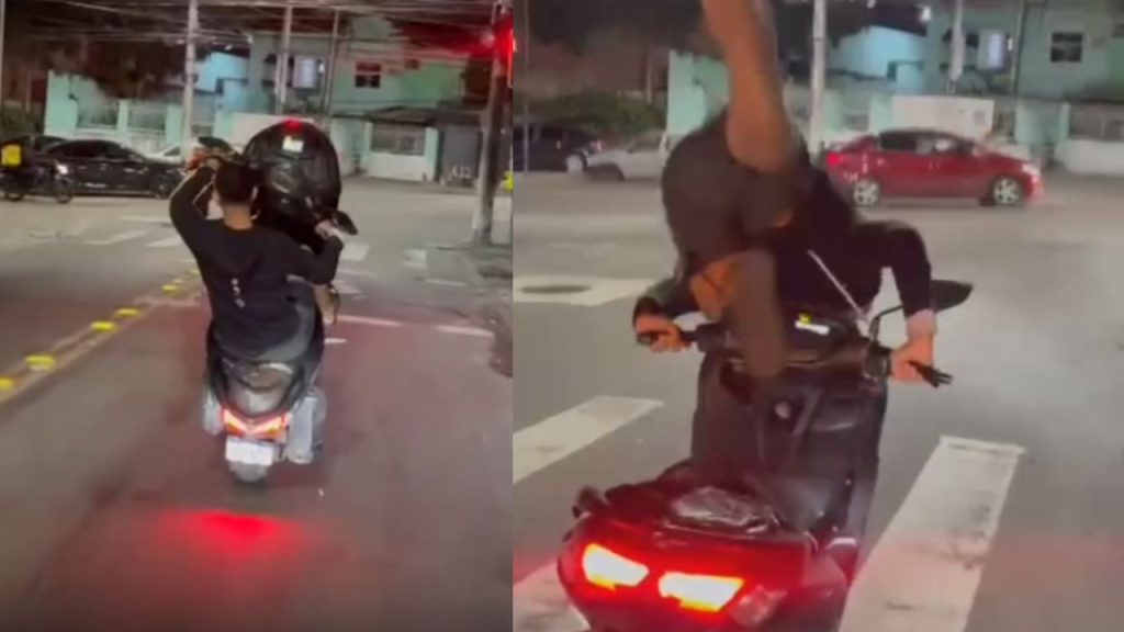"Pega o teu"! Influenciador tenta dar grau, se desequilibra e acaba no chão; vídeo