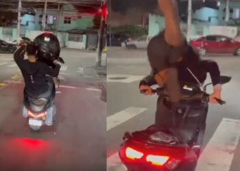 "Pega o teu"! Influenciador tenta dar grau, se desequilibra e acaba no chão; vídeo
